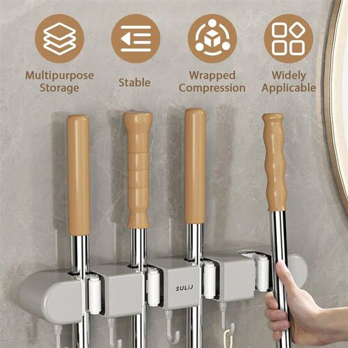 Broom Mop Holder with Hooks Wall Mounted Broom Storage Rack