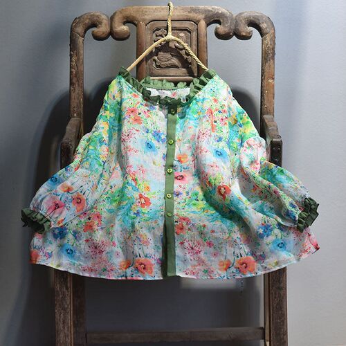 Women Ramie Patchwork Loose Shirts Ladies Ramie Blouse Tops