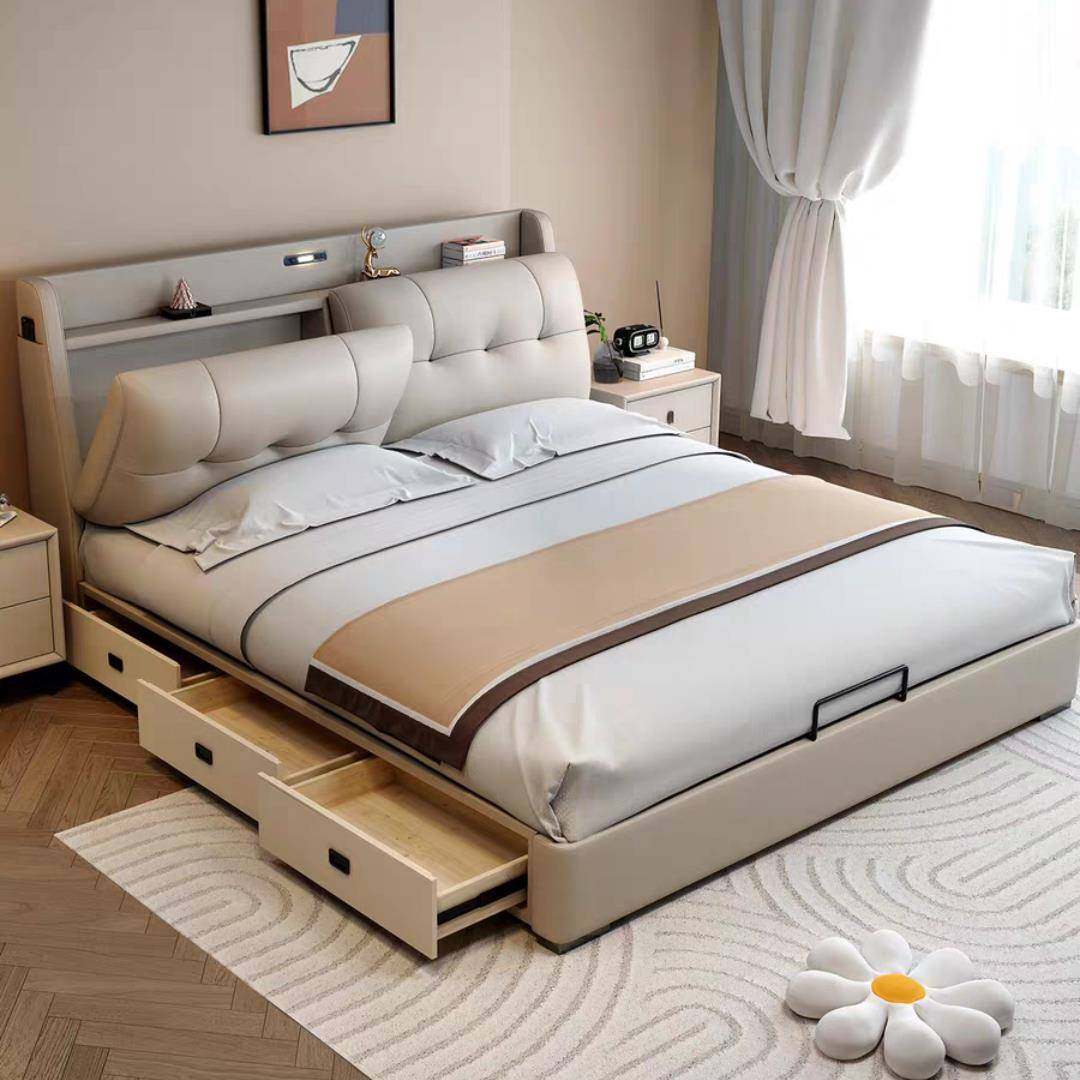 真皮床现代简约主卧带抽屉1.8米双人床多功能储物婚床软包皮艺床