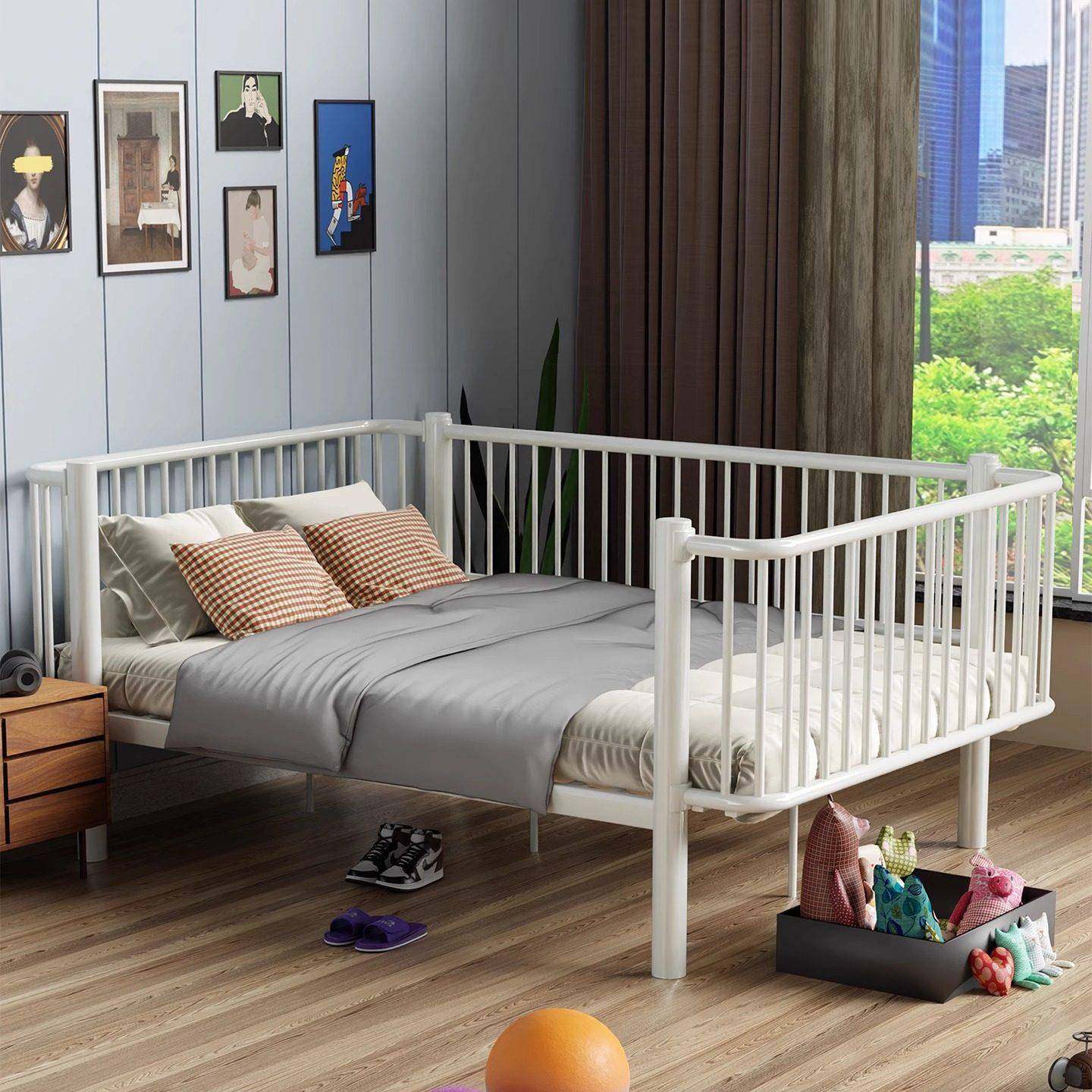 不锈钢铁艺床带围栏双人床钢架床儿童铁床带护栏成人床单人铁架床