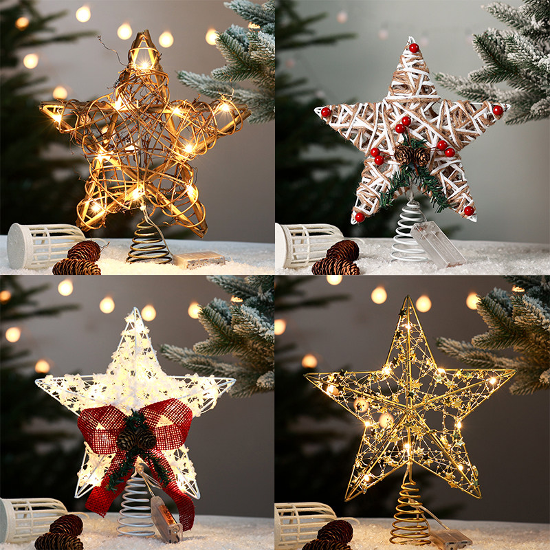 耶诞树顶部发光星星耶诞节装饰品铁艺创意发光树顶星五角星装饰品