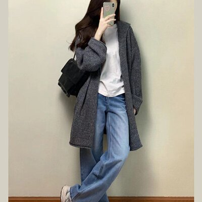 灰色中长款连帽外搭毛衣外套女早秋季韩系气质慵懒松弛感针织开衫