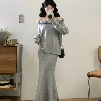 实拍 韩版秋季慵懒风针织套装一字肩荷叶边毛衣半身裙气质两件套