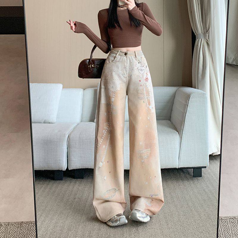 实拍~美式复古重工数码印牛仔裤女辣妹设计感小众阔腿拖地裤,女装/女士精品,牛仔裤,淘宝优惠券,粉丝福利购,淘宝优惠卷