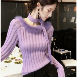 氛围感紫色挂脖飘带毛边针织衫女秋季2025新款温柔减龄修身上衣潮