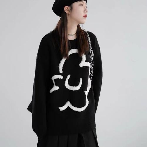 高级甜酷氛围感立体毛巾绣花朵冬季软糯慵懒黑色北极绒套头毛衣女