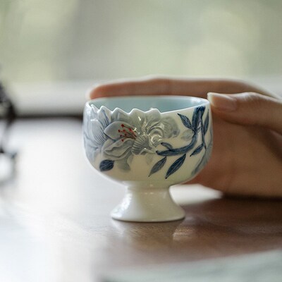 手绘仿宋高足主人杯功夫茶具家用茶杯雕刻立体品茗杯文人单杯