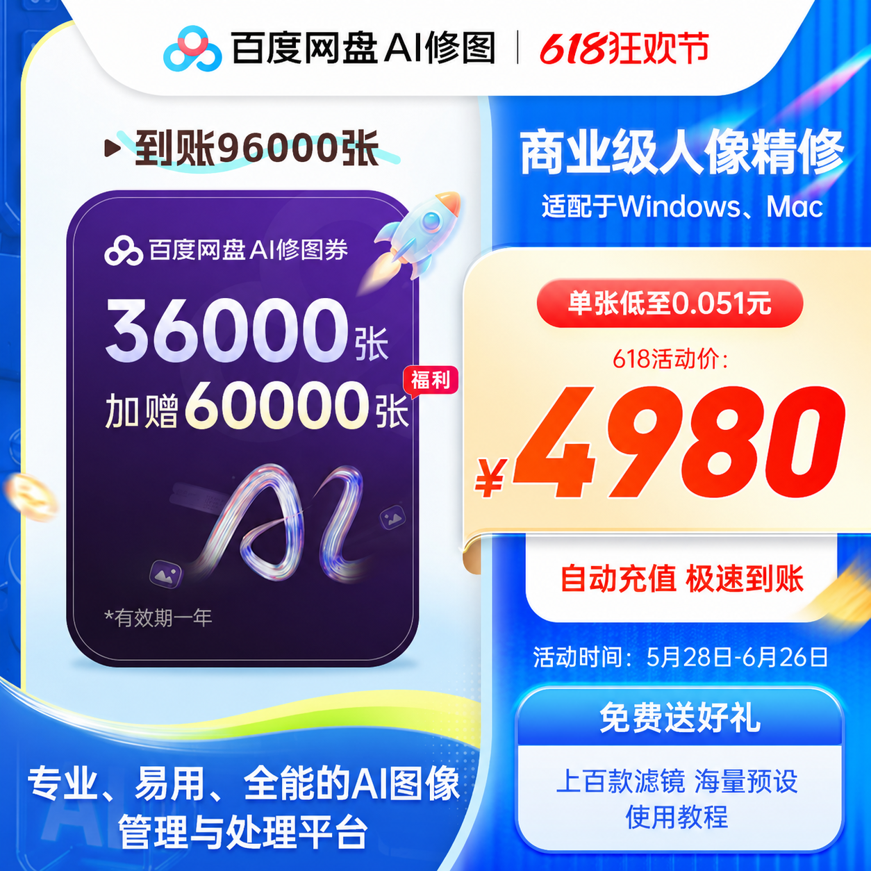 【618大促96000张】百度AI修图券畅修2年送预设素材摄影修图影楼