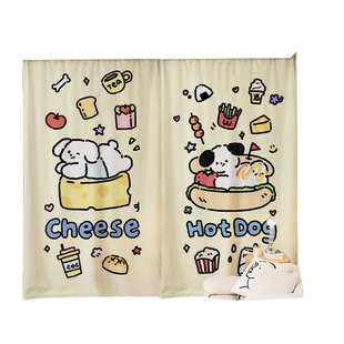 卡通线条小狗定制粗麻长帘可爱个性儿童卧室客厅挂钩遮光打孔窗帘