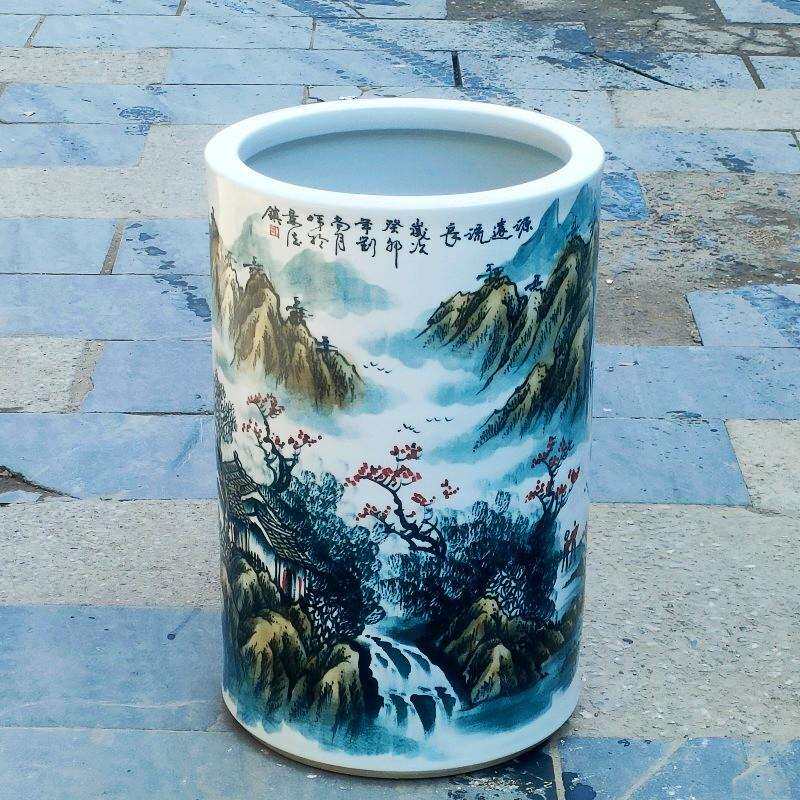 陶瓷书画筒箭筒手绘山水釉下彩源远流长陶瓷摆件字画筒装饰品