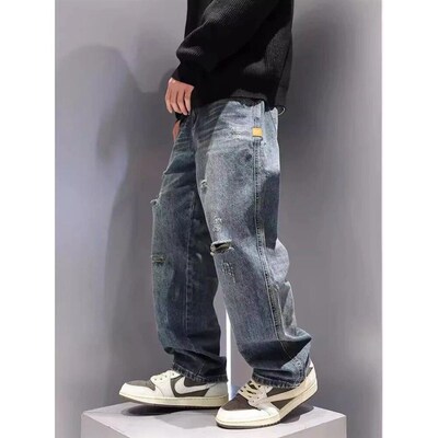 New Mens Ripped Jeans Baggy Straight Fashion Vintage Blue D