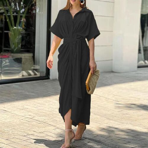 Fashion Chic Solid Shirt Dress  Elegant Lapel Short Sleeve