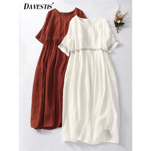 Retro Cotton Linen Dress Womens New Summer Loose