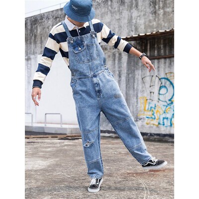 Mens Denim Overalls uples Ripped Loose Straight Jumpsuit W