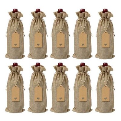 10PCS 15*35cm Rustic Jute Burlap Wine Bags Drawstring Wine