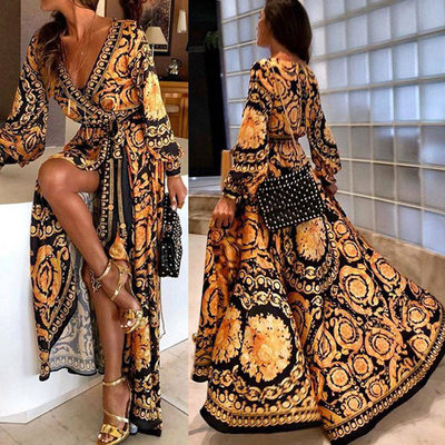 Womens Boho V-Neck Printed Sundress Long Maxi Dress for
