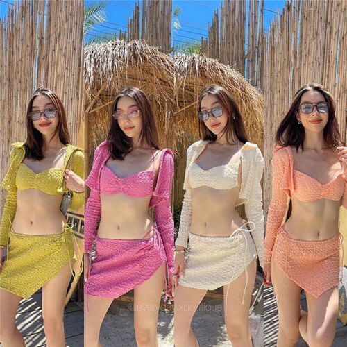CandyColored Long Sleeve 4Piece Bikini Set Resort Style Stra