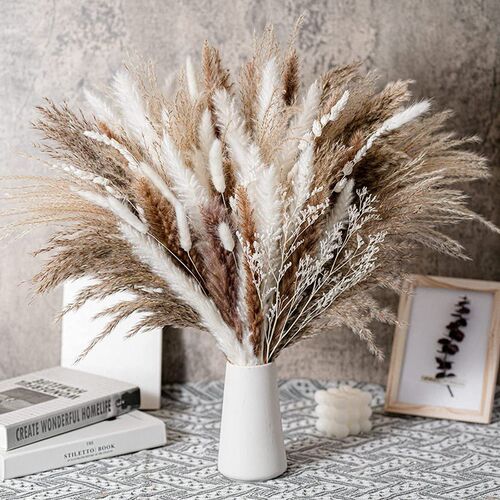 80pcs Dry Pampas Grass Bouquet Boho Decor Fluffy Artificial