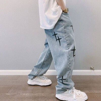 Print Jean Men 2023 New Sreetwear Baggy Wide Leg Jean Korean