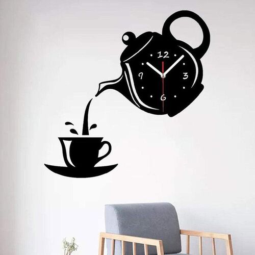 Creative Teapot Kettle Wall Clock 3D Acrylic Coffee Tea Cup
