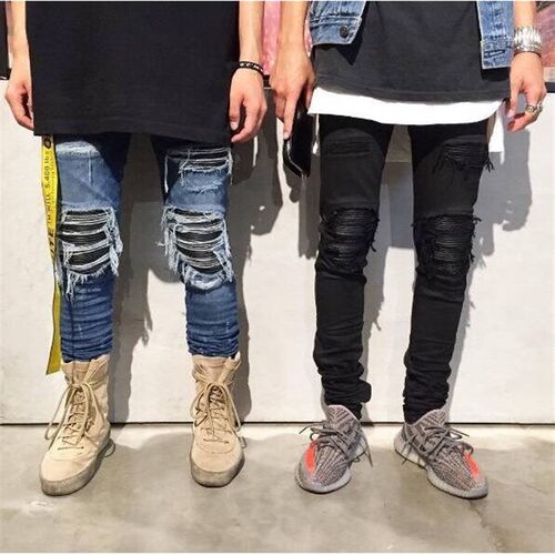 High Sreet Ripped Heifeng Slim-fit Skinny Jeans Mens Leathe