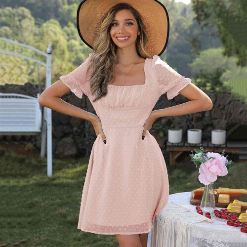 Summer A- line Dress Solid Color High Waist Vacation Dress W