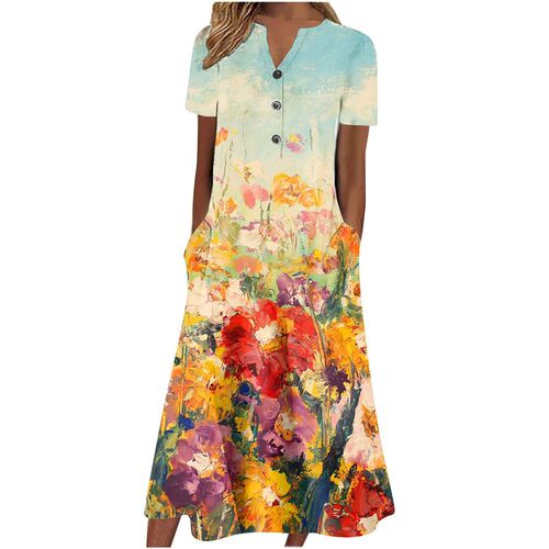 2025 Womens V-neck Button Short Sleeve Loose Large Swing Pr