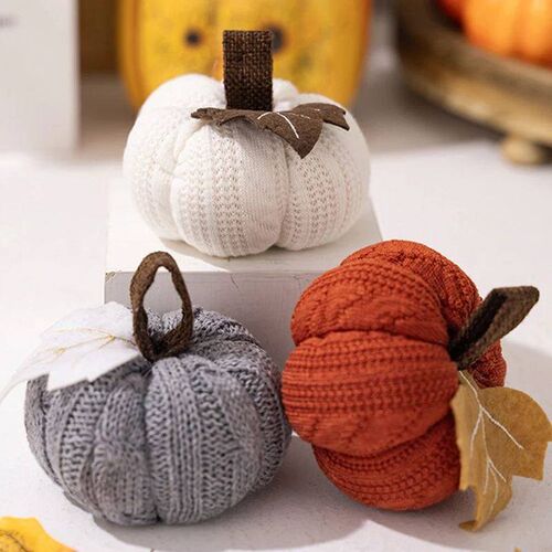 1-3PCS Autumn New Knit Mini Pumpkin with Maple Leaf Decorati