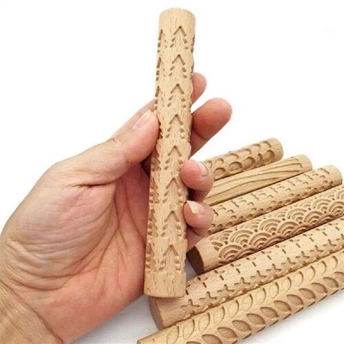 Wooden Rolling Pin With Texture Leaves Snowflake Water