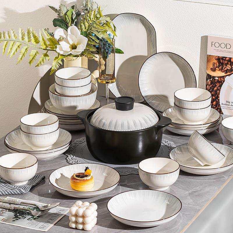 简约餐具碗碟套装陶瓷米饭碗现代风家用套装汤碗菜盘全套组合碗具