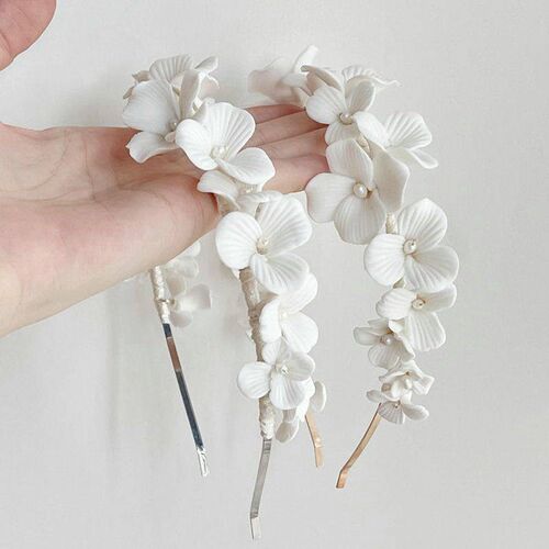 Handmade White Porcelain Flower Crown Bridal Headpiece Tiara