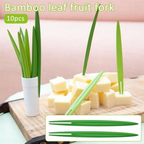 10pcs/Set Green Bamboo Leaf Fruit Fork Chopsticks Cocktail F