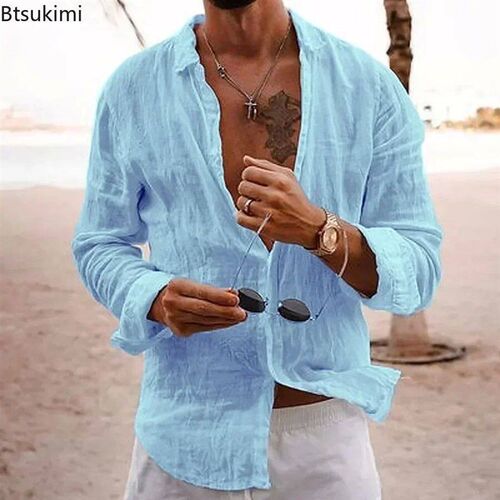 2025 Mens Cotton Linen Shirts Top Simple Laple Solid  Man S