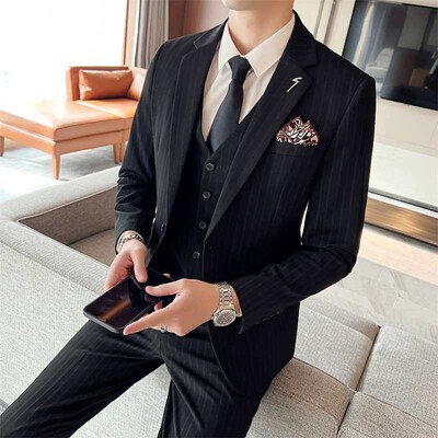 Blue Striped Suit Mens Three-Piece Set Slim-Fit Wedding Bes