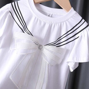 Childrens clothing girls summer new bow mesh short sleeve t