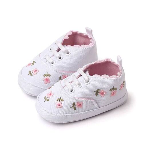 Floral Embroidered Baby Girl Shoes White Pink Navy Soft Shoe