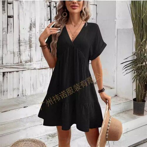 Independent 2025 Solid lor V-neck Loose Pleated Dress Women