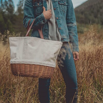 Canvas and Willow Basket Tote, Picnic Tote Bag, Beach Tote