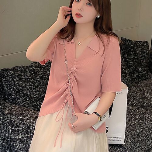 20768 Women Knitted Shirts Summer Fashion V-neck  Collar Sol