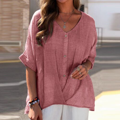 Summer Cotton Linen Tshirt Woman Button V-neck Pullover Shor