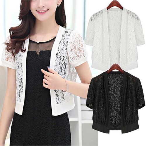 Women Fashion Short Sleeve Hollow Out Floral Lace Open Front