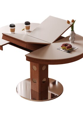 伸缩白色岩板餐桌覆古实木可折叠椭圆吃饭桌家用小户型中古风餐桌