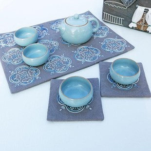 窗花茶席刺子绣材料包灰色湖蓝色手工解闷自绣隔热垫茶道22 30cm