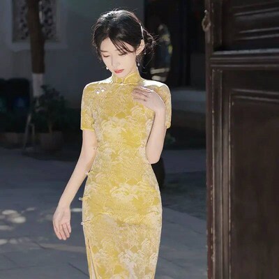 Chinese Traditional Dress Yellow Cheongsam Modern Flower Lon