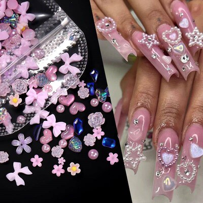 100/200pcs 3D Mixed Nail Decorations Kawaii Heart Flower Bea