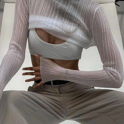 2024 Fall Elegant See Through Long Sleeve Mock Neck Women op