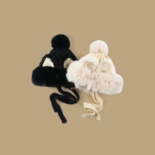 Cute Faux Fur Earflaps Cap with Fox Ears for Women Knitted H