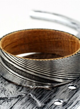 8mm Mens Black Tungsten Wedding Band with Damascus Steel Tex