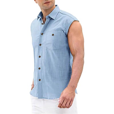 Cotton Linen Mens Shirt Sleeveless Fashion Man Blouses 2023