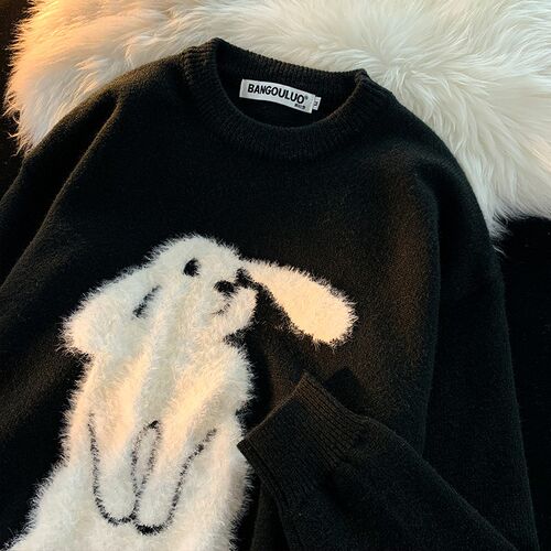 Winter Vintage Rabbit Flocking Sweater Loose Round Neck Long